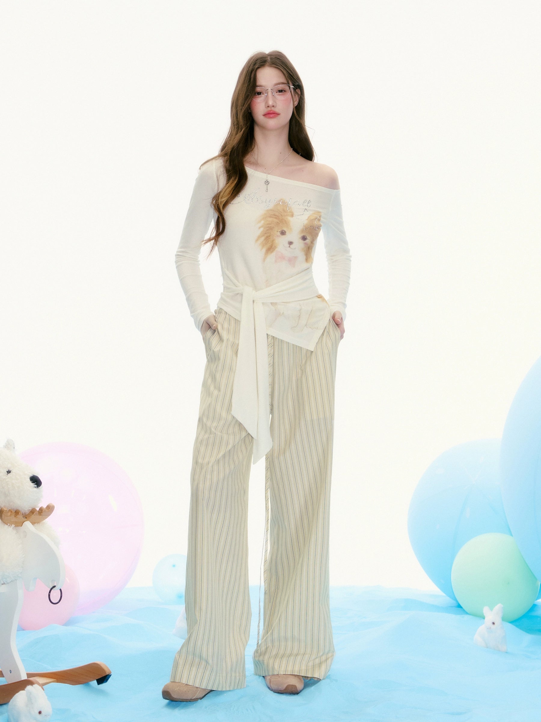 Papillon Dog Print Off-Shoulder Top with Tie Waist