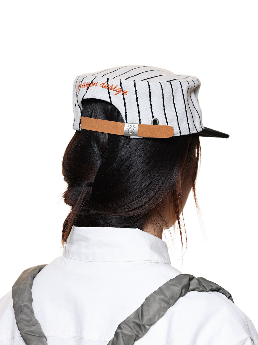 Pinstripe Wool-Blend C-Embroidered Cap - Orange Embroidery - Rear strap on model - view 4