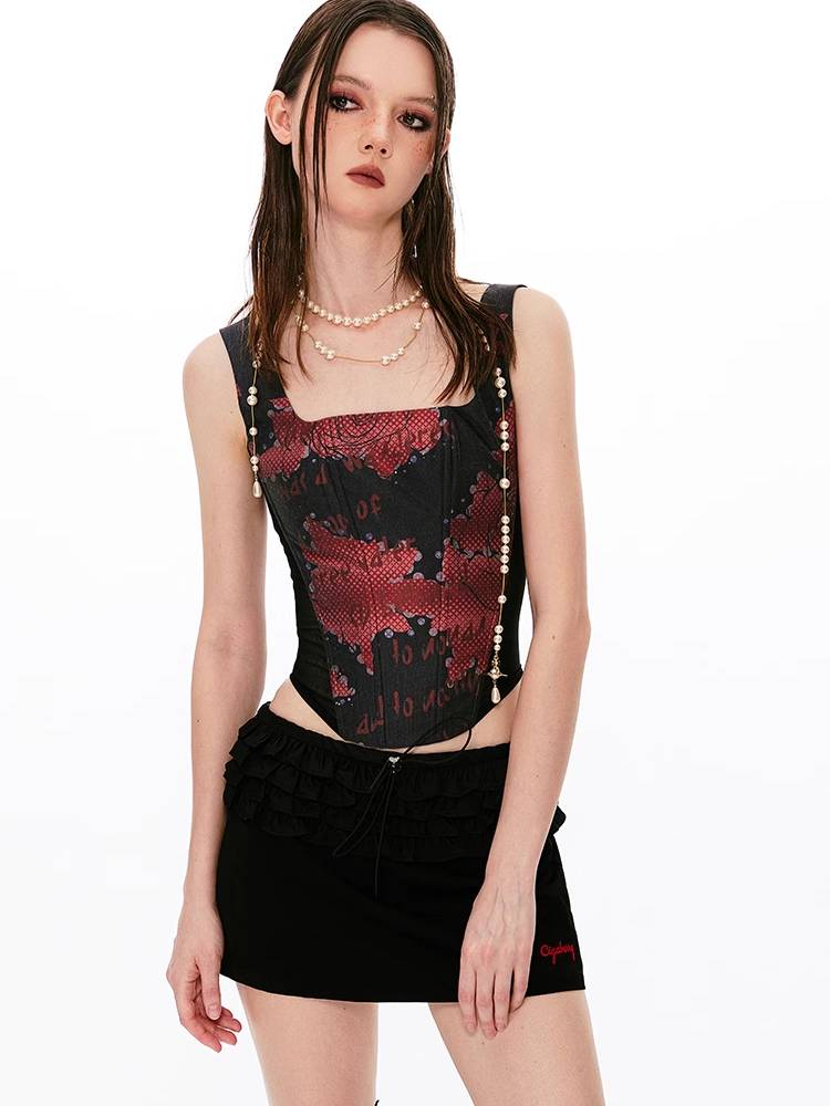 Gothic Red Print Corset Top