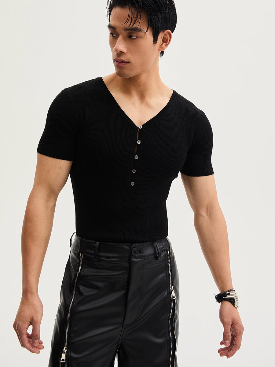 Ribline Deep V Button Tee