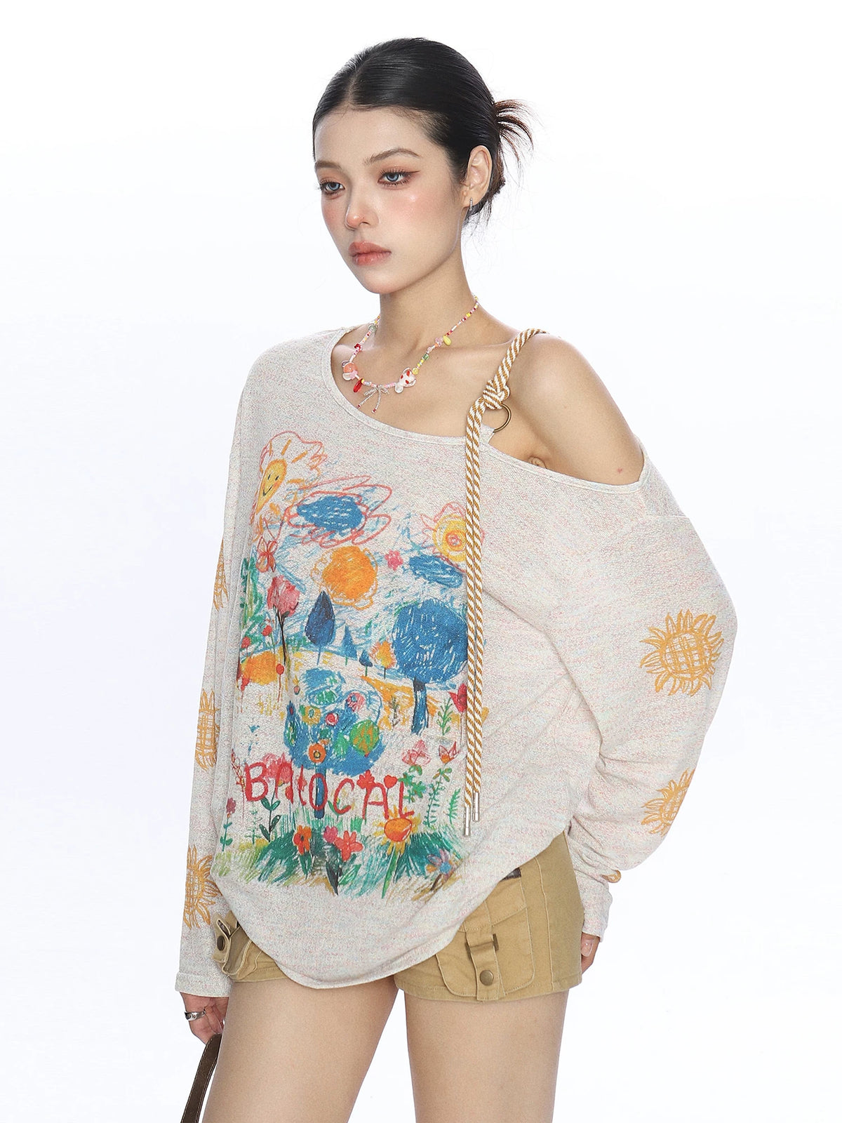 Sunlit Sketch Off-Shoulder Graphic Knit Top