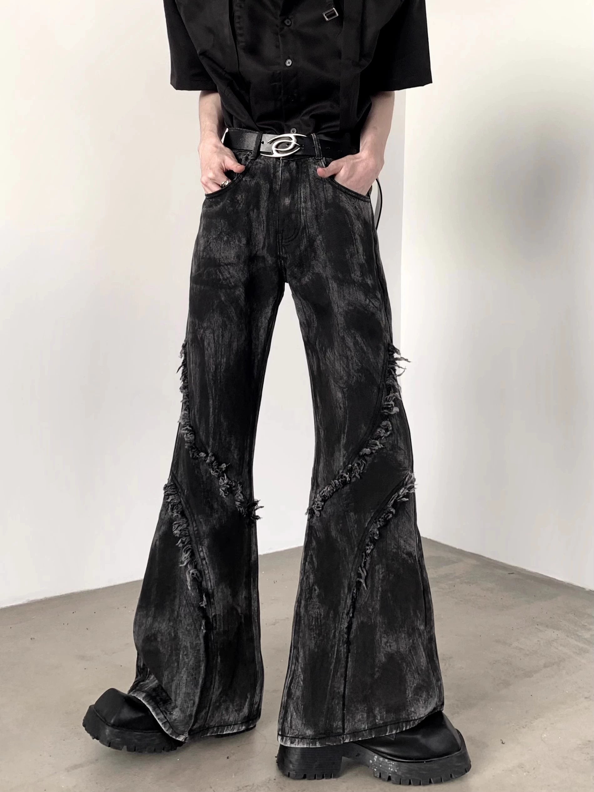 Black Distressed Flared Jeans with Frayed Seams