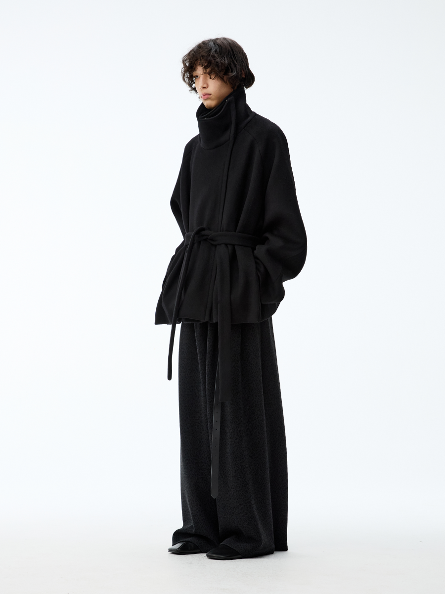 Black Funnel-Neck Belted Wool Coat
