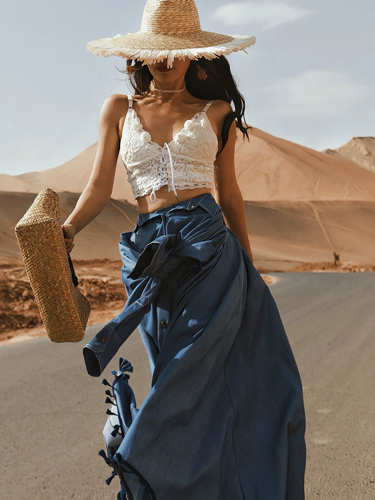 White Lace-Up Crochet Crop Top