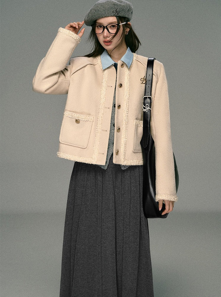 Classic Tweed Cropped Jacket: Beige Button-Front Blazer with Frayed Edges and Gold Logo Pin