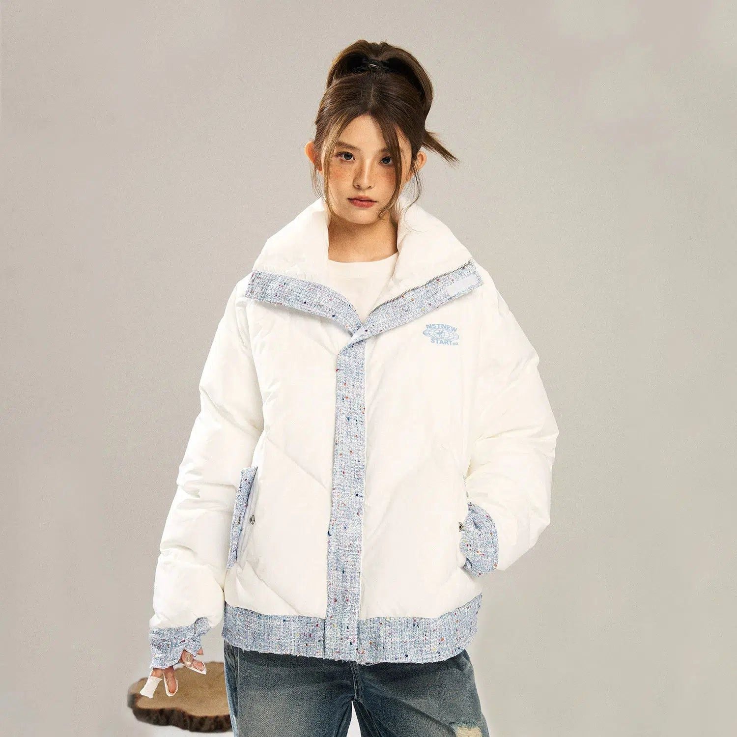 Puffer Jacket with Patterned Outline Block - chiclara