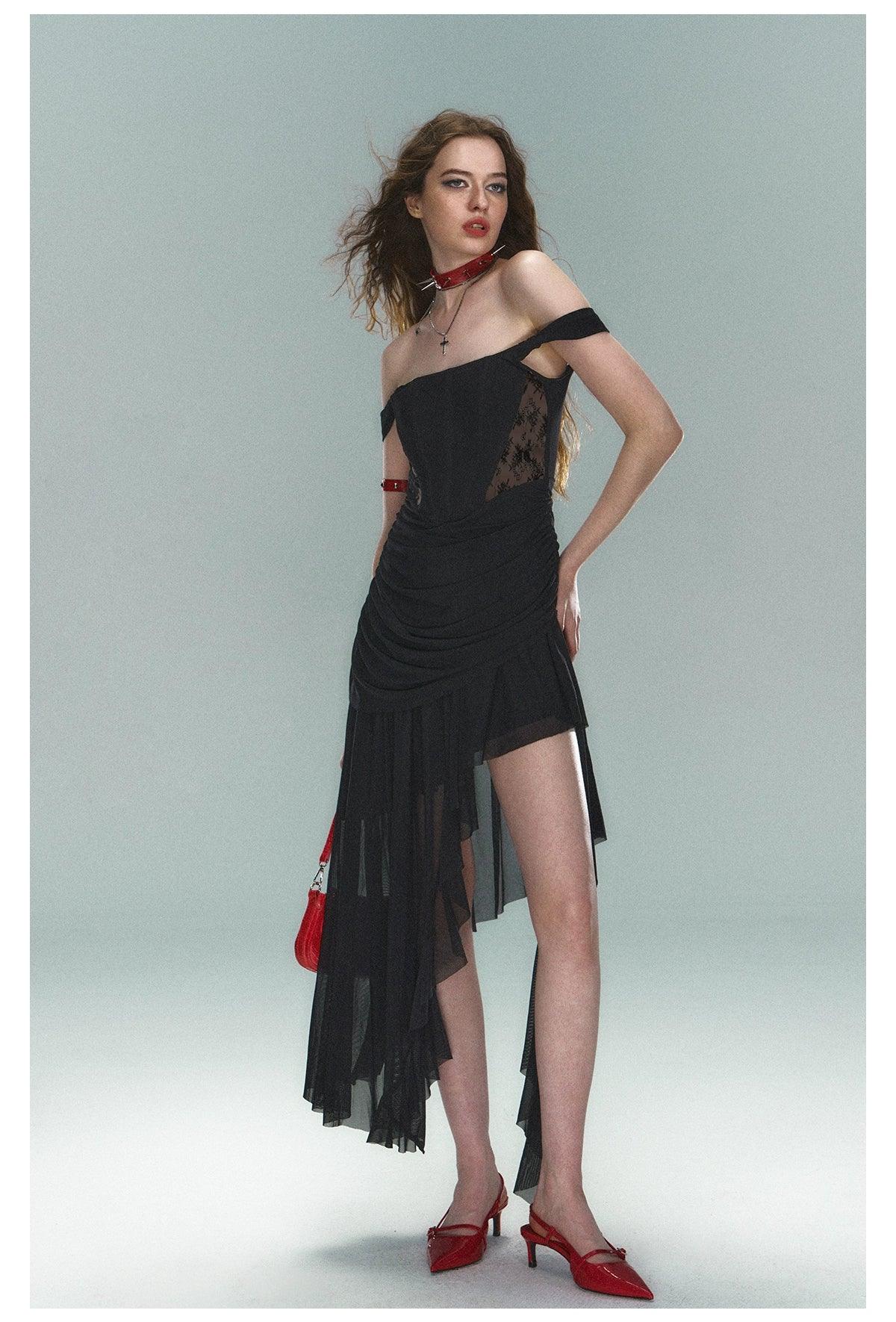 Strike A Pose Asymmetrical Ruched Evening Gown - Women'S Sleeveless Square Neck Dress With Dramatic Cascading Ruffles