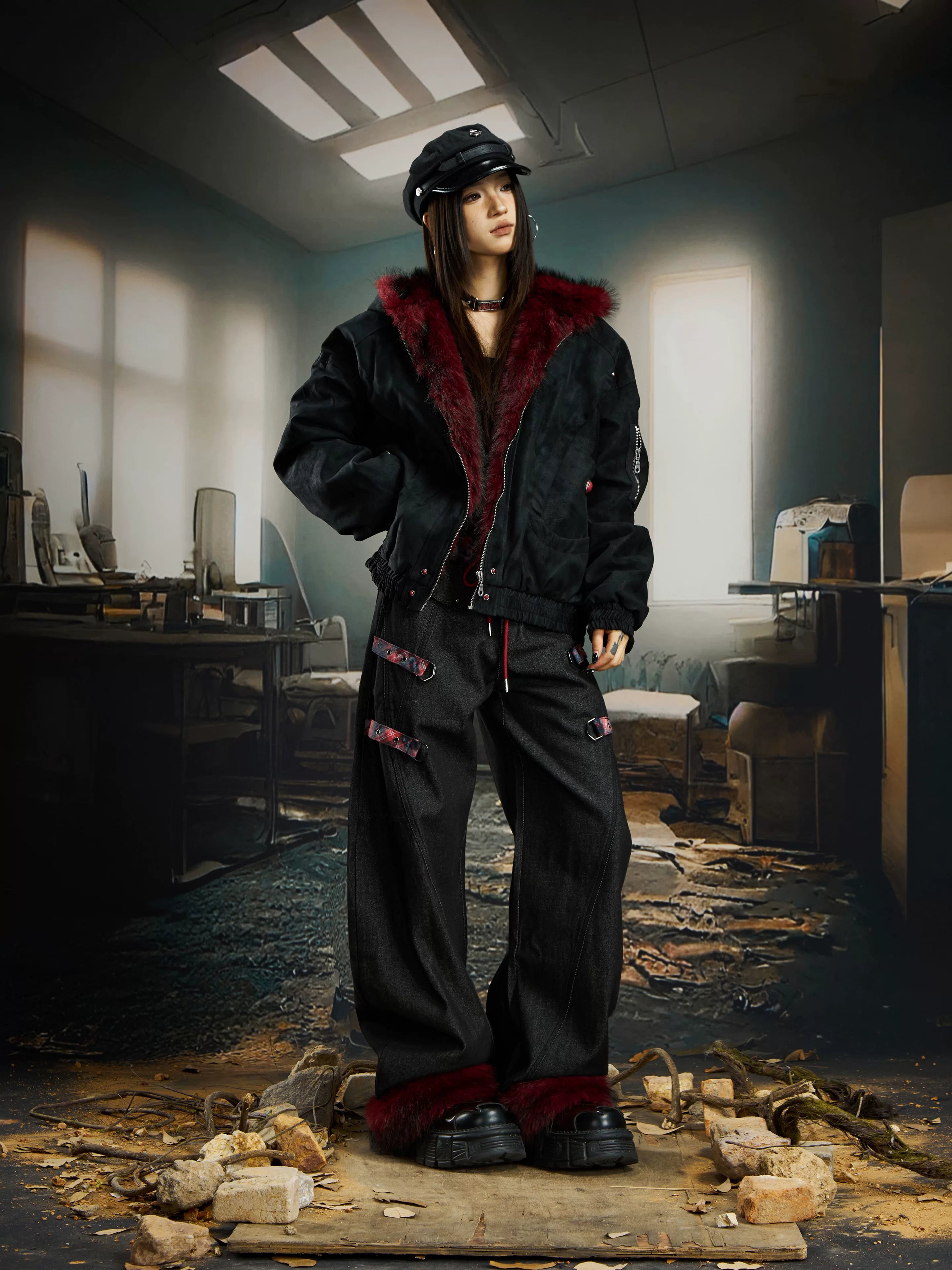 Crimson Howl Fur‑Hood Rebel Jacket