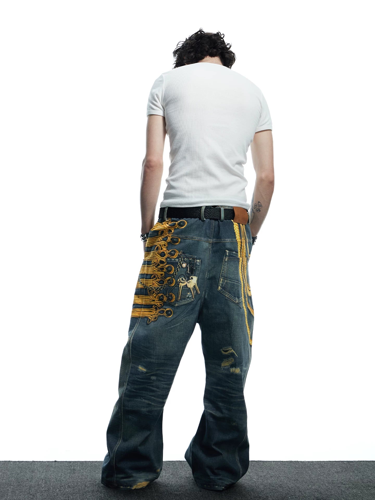 Baroque Military Embroidered Distressed Wide-Leg Jeans