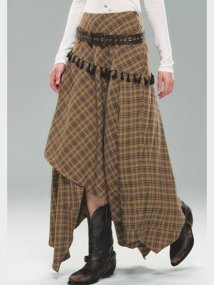 Tassel Plaid Asymmetric Skirt