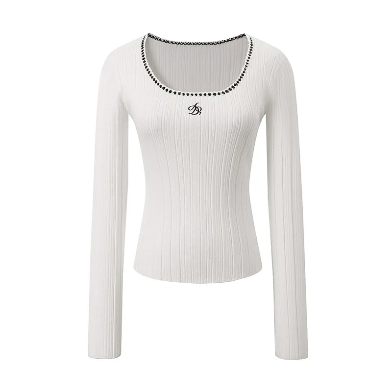 Ribbed Scoop Neck Top: Slim-Fit Long Sleeve Knit with Contrast Trim and Logo Detail