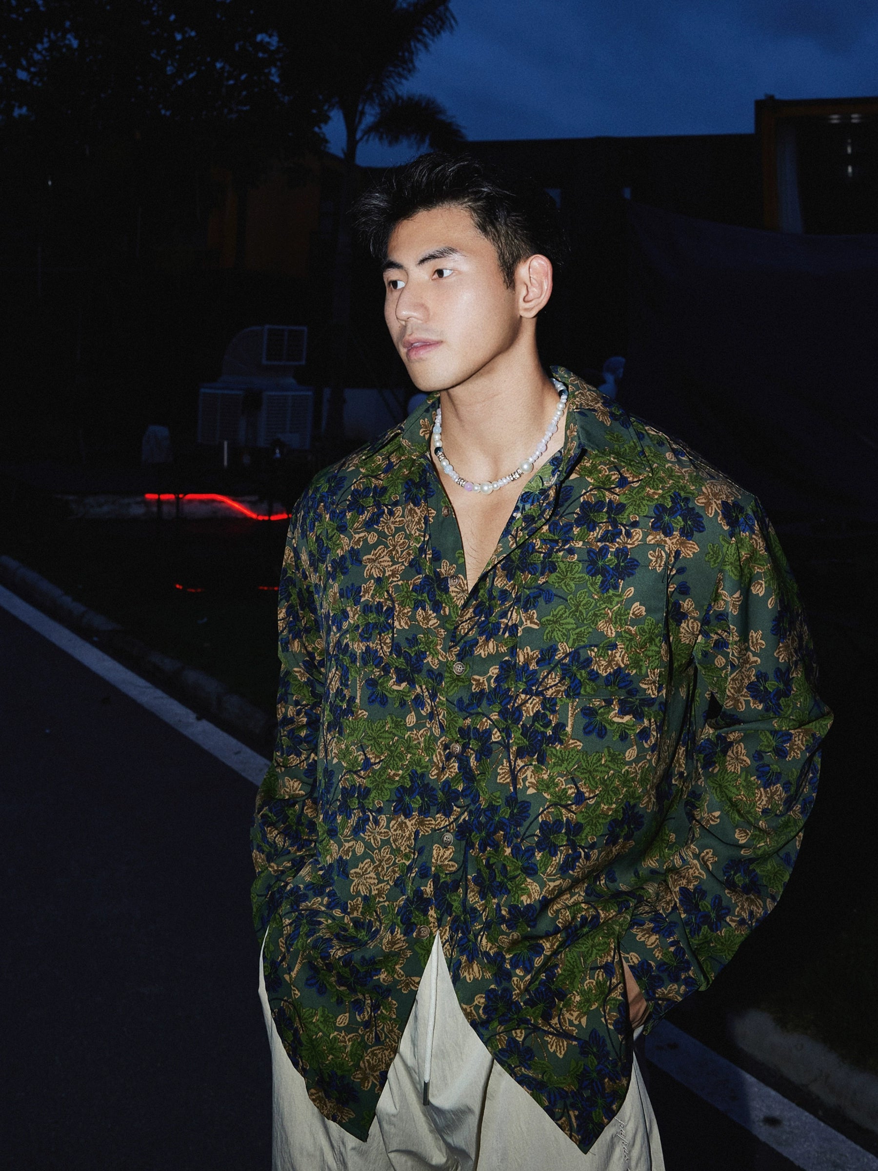 Green and Navy Floral Print Silk Shirt