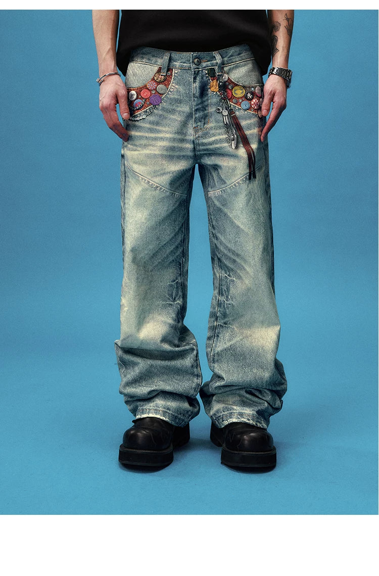 Badge Embellished Washed Wide Leg Jeans