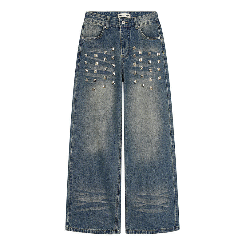 Men's Square Stud Whisker Washed Wide-Leg Jeans