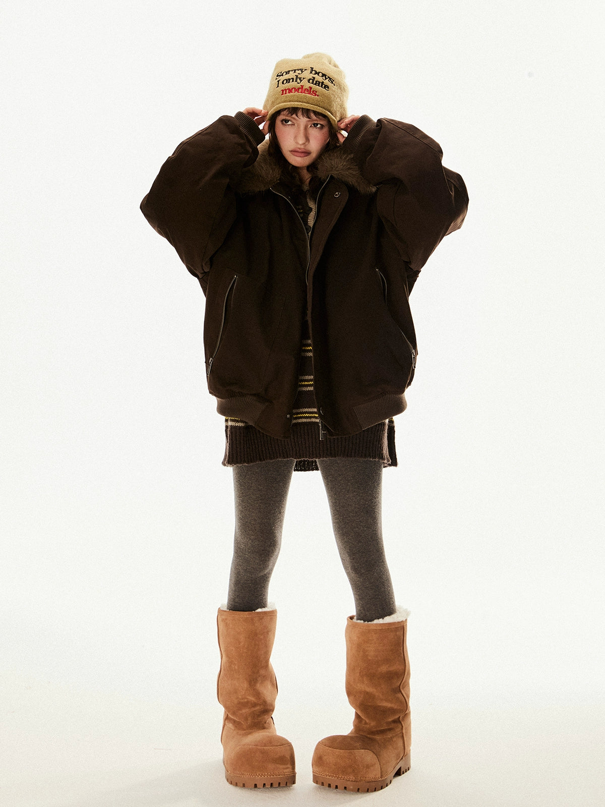 Oversized Faux Fur Collar Dark Brown Jacket