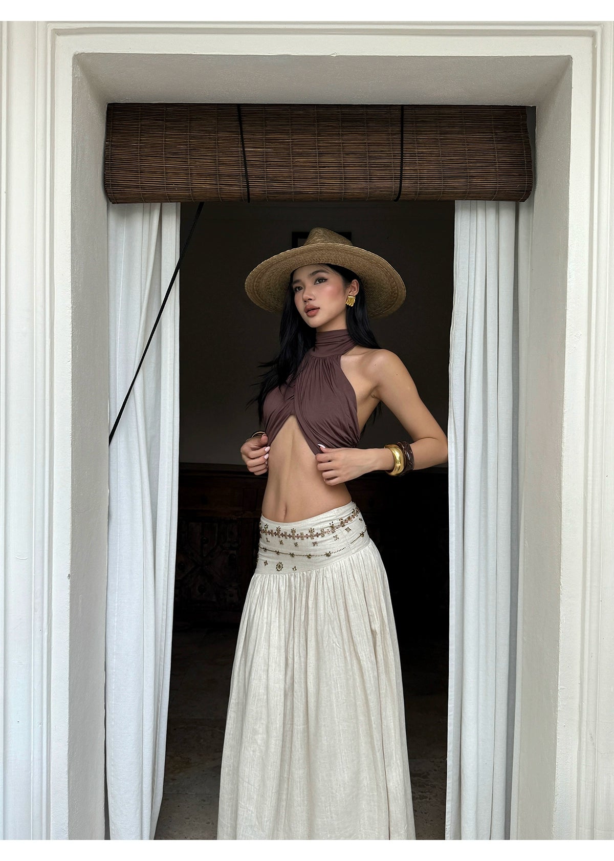 Beige Embroidered High Waist Midi Skirt