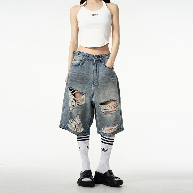 Distressed Ripped Denim Bermuda Shorts