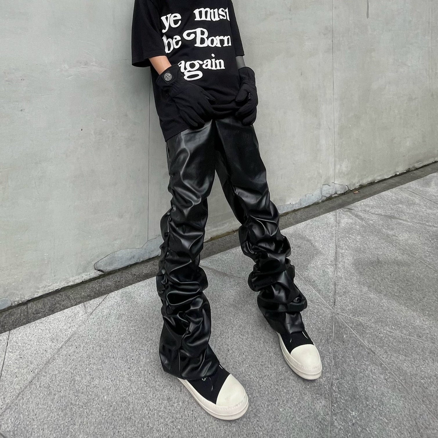Glossy Wrinkled PU Stacked Wide-Leg Pants