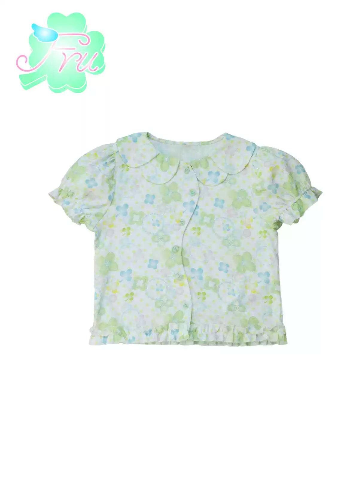 Frufru Floral Peter Pan Collar Blouse - Girls' Short Sleeve Pastel Print Summer Top