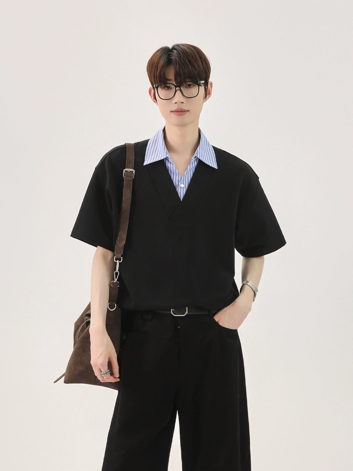 T-shirt with Faux Layered Blue Striped Shirt Collar and Placket