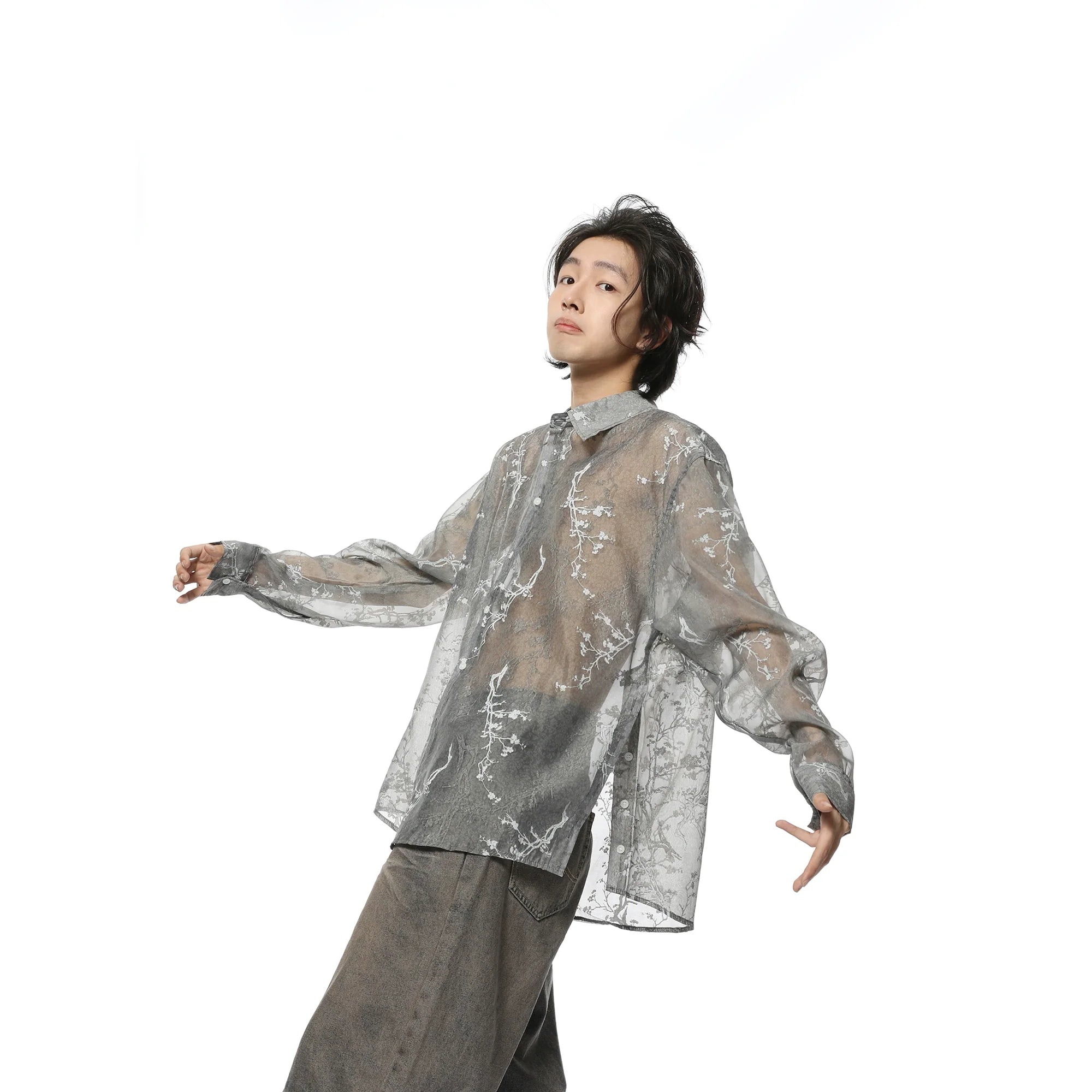 Sheer Floral Organza Oversized Shirt