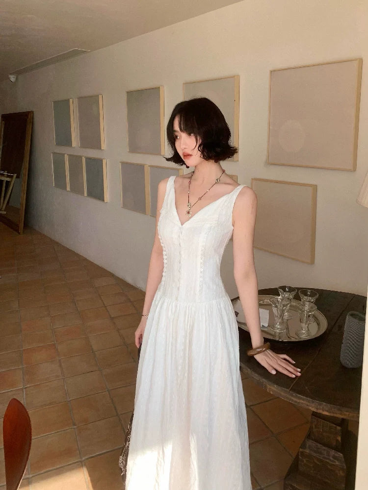 White Vintage V-Neck Maxi Dress