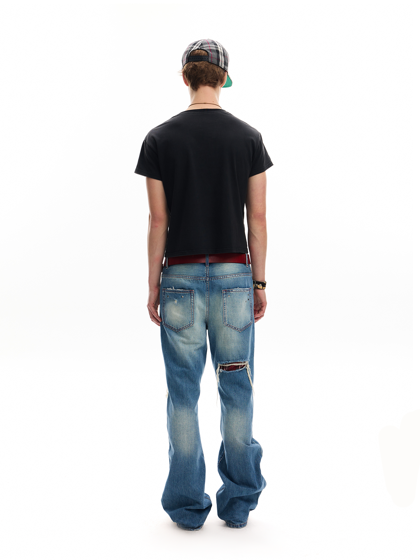 Studded Plaid‑Patch Light Wash Street Jeans