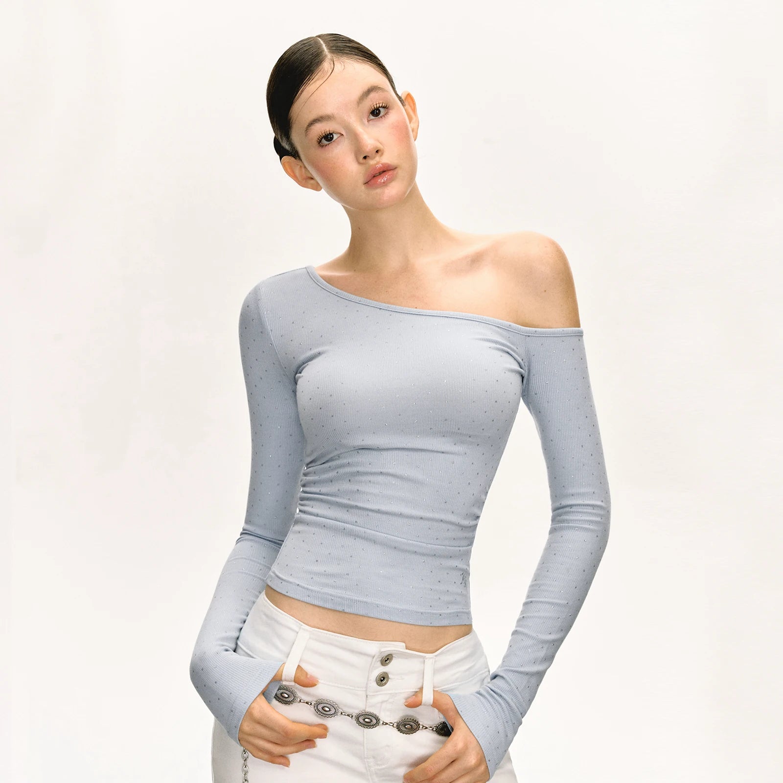 Off-Shoulder Ruched Long-Sleeve Top