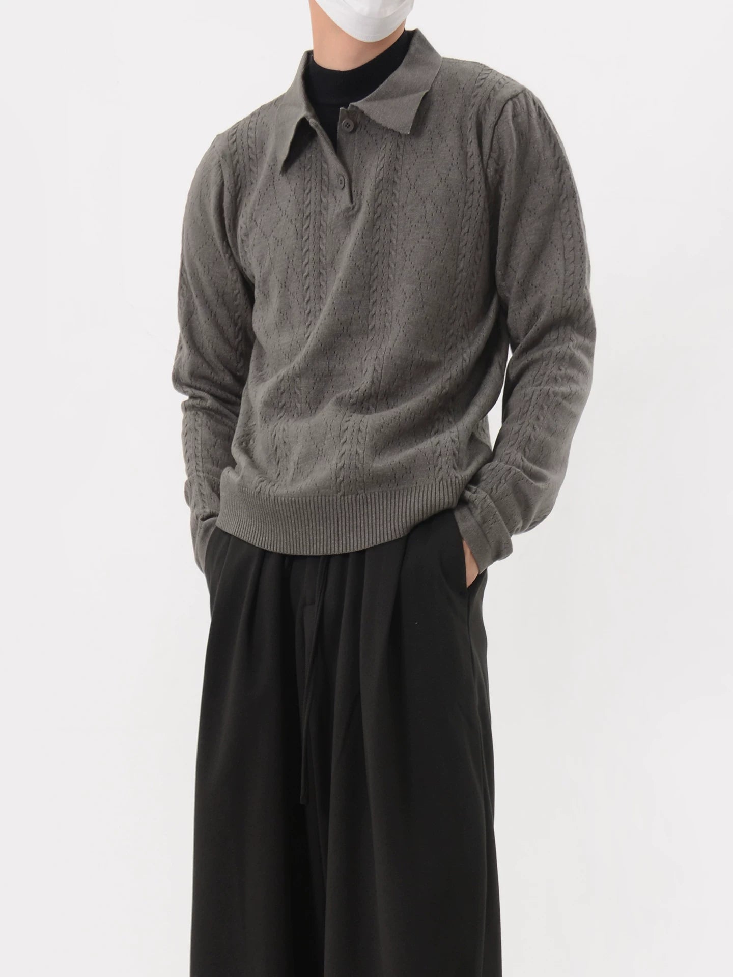 Cable Knit Long Sleeve Polo Sweater