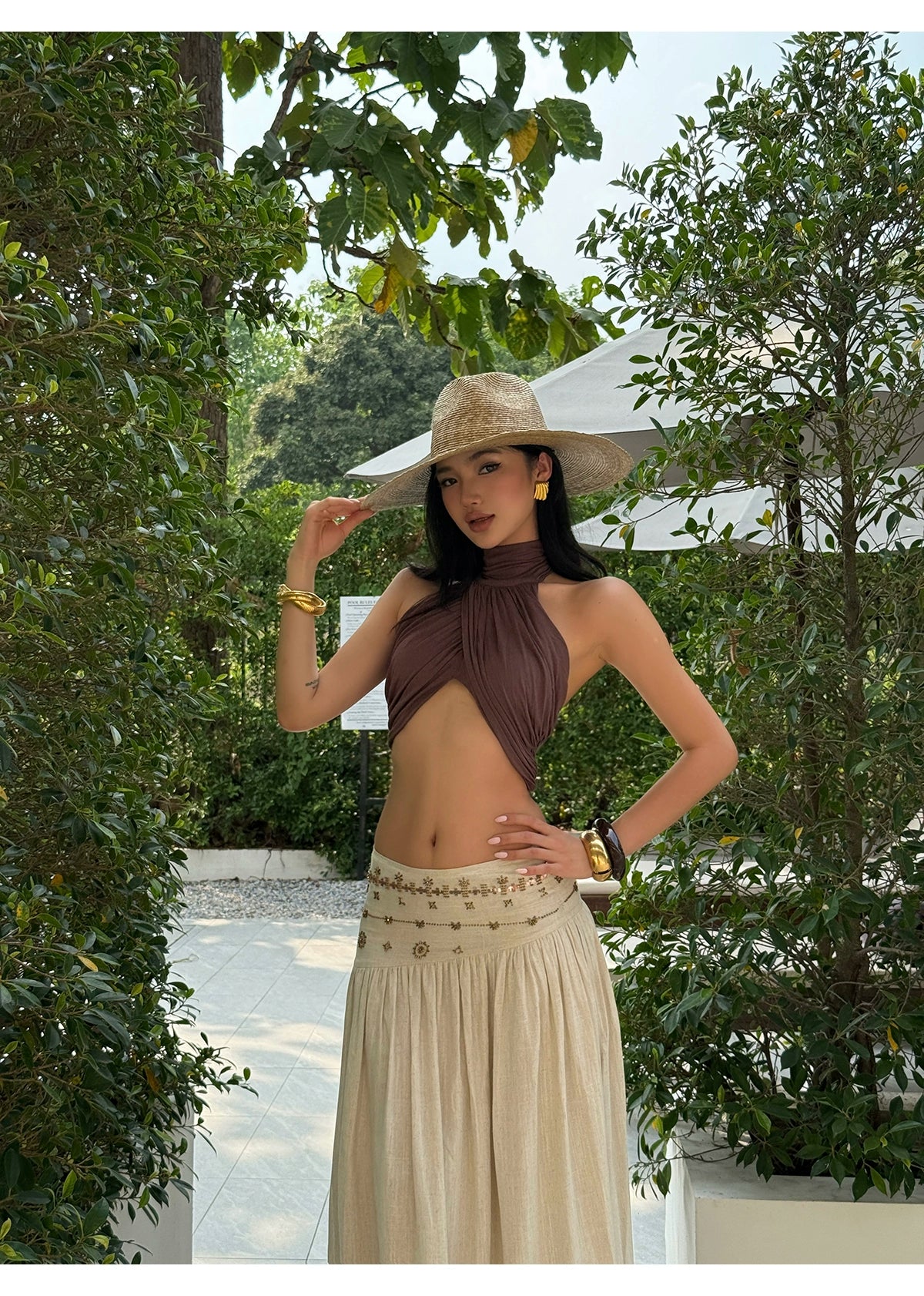 Brown Halter Neck Cut-Out Crop Top