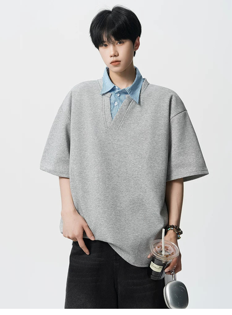 Layered V-Placket Oversize Polo Tee
