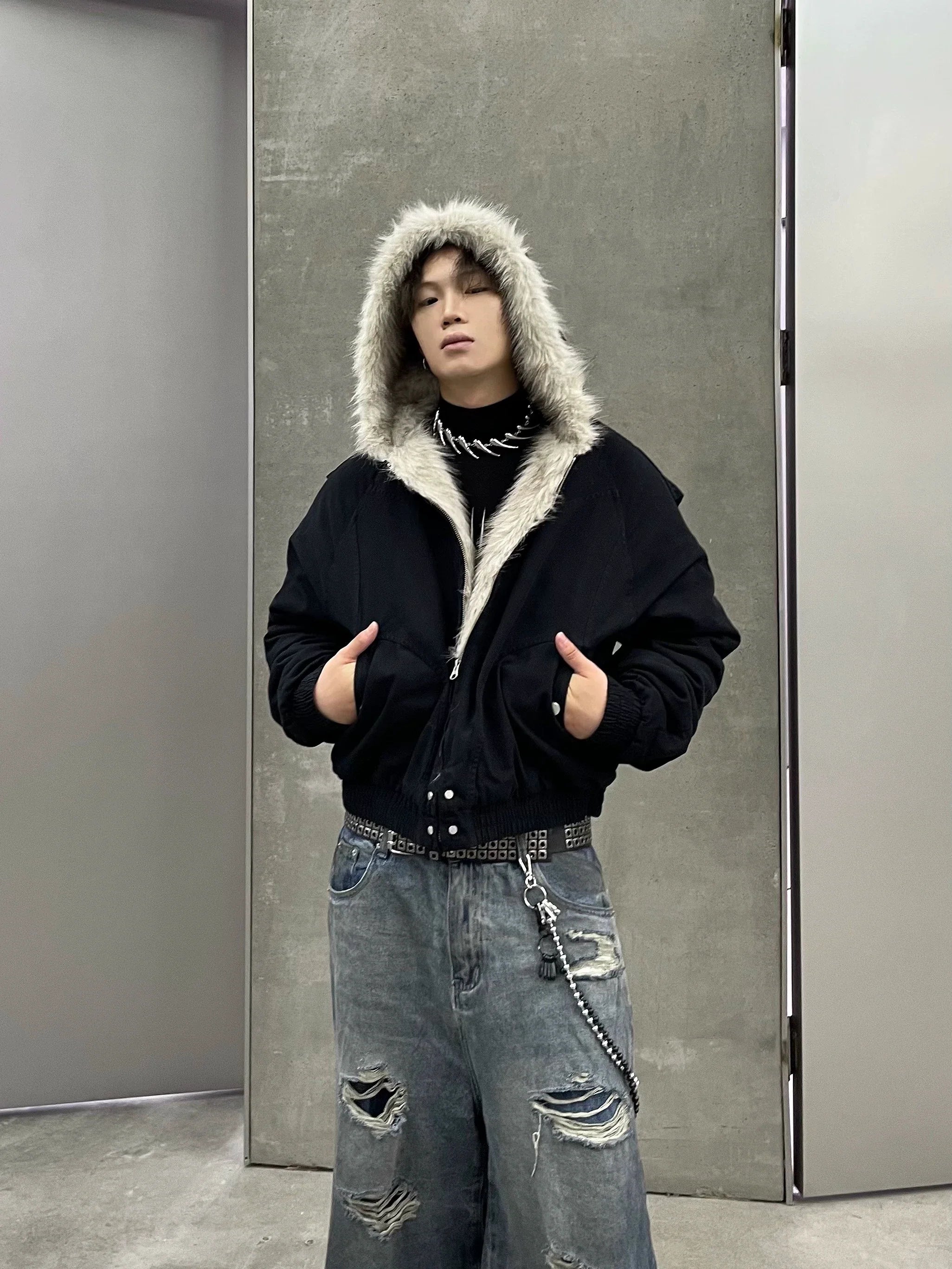 Fake Faux Fur Hood Bomber Jacket