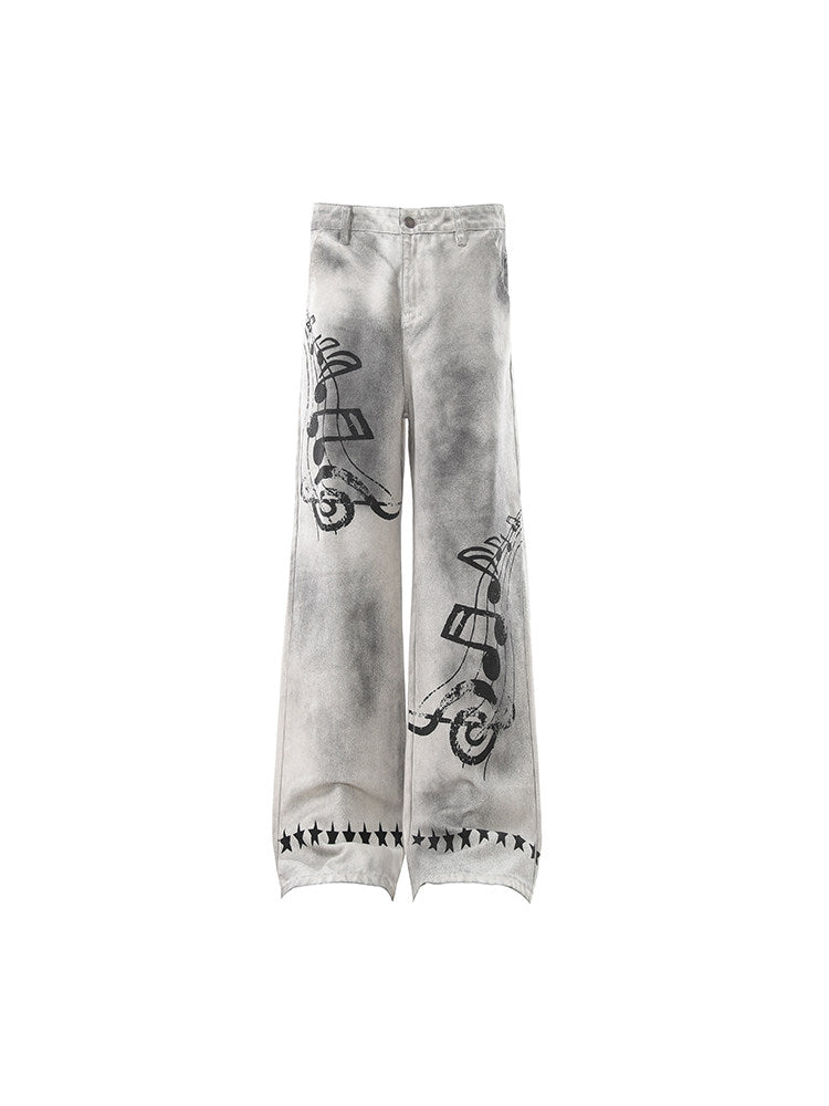 Men's Washed Distressed Print Wide-Leg Jeans