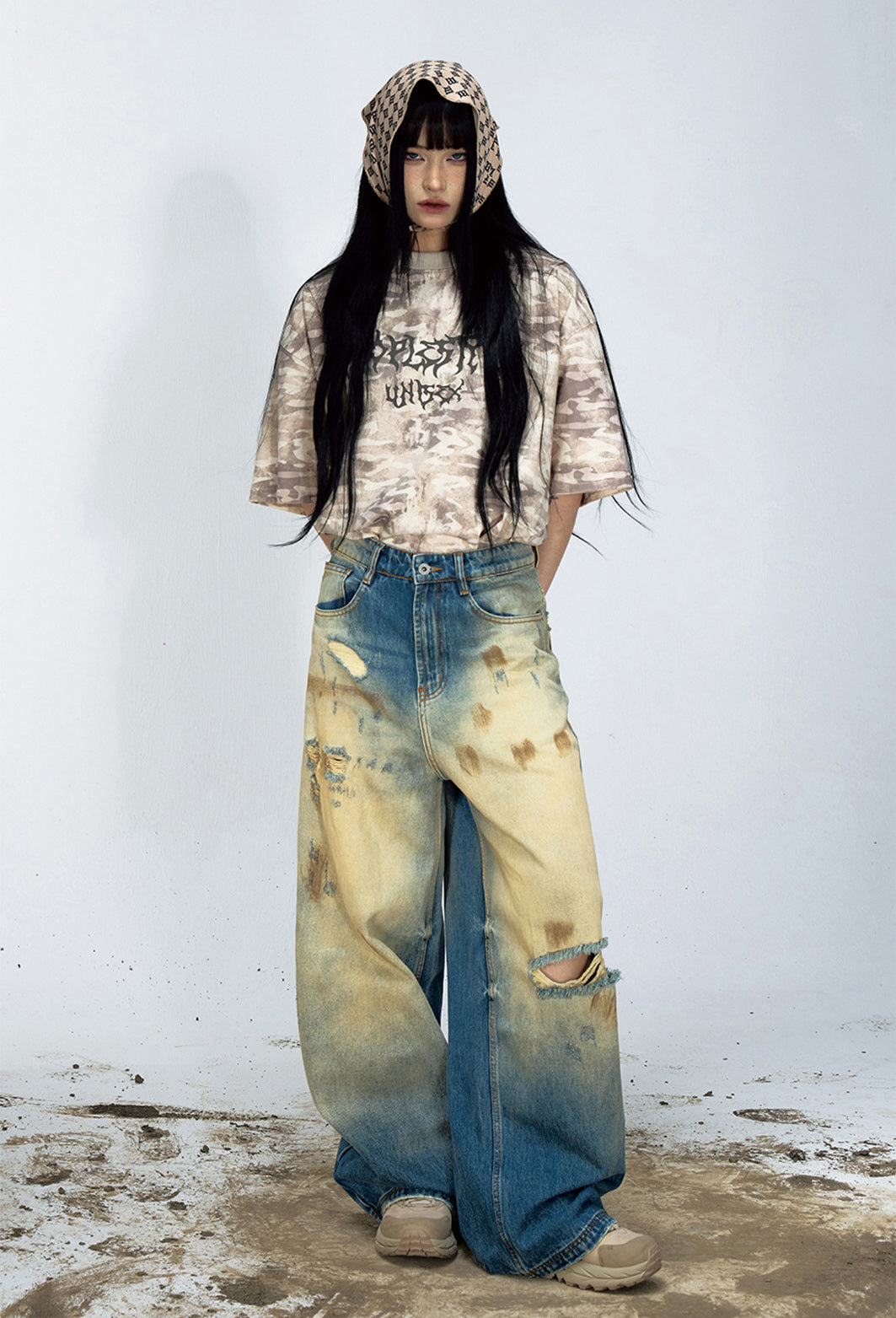 Tie-Dye Faded Ripped Wide Leg Jeans