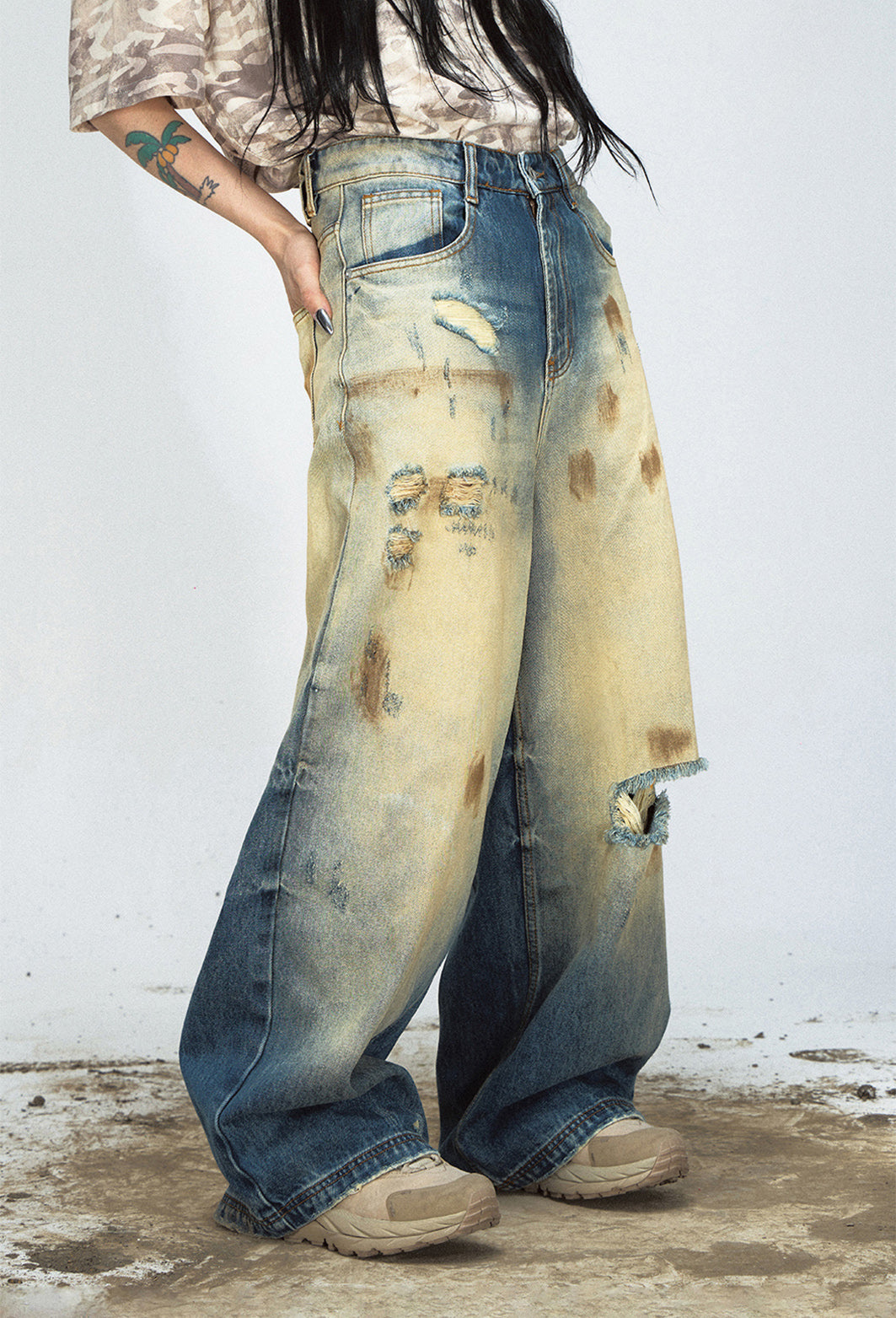 Tie-Dye Faded Ripped Wide Leg Jeans