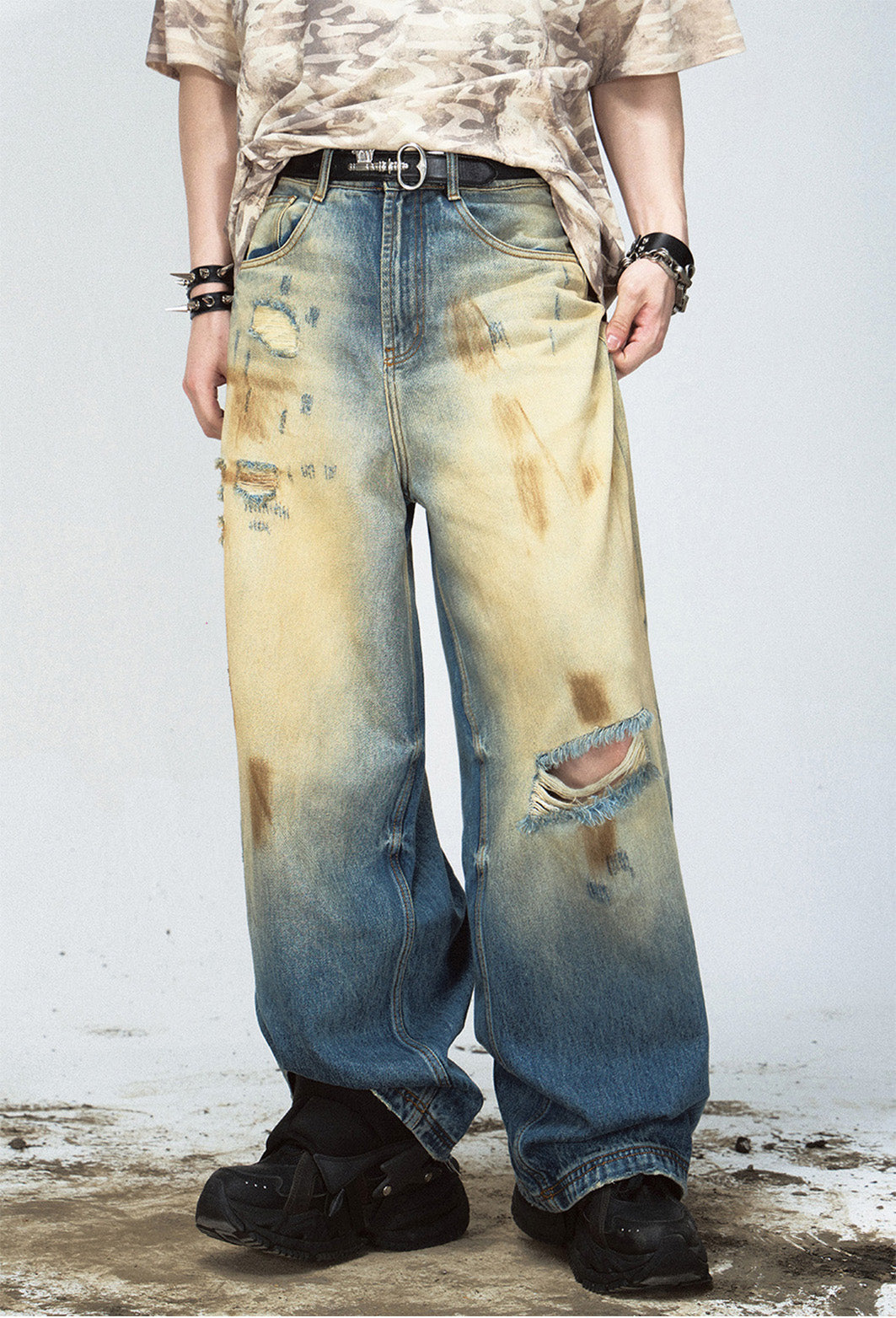 Tie-Dye Faded Ripped Wide Leg Jeans