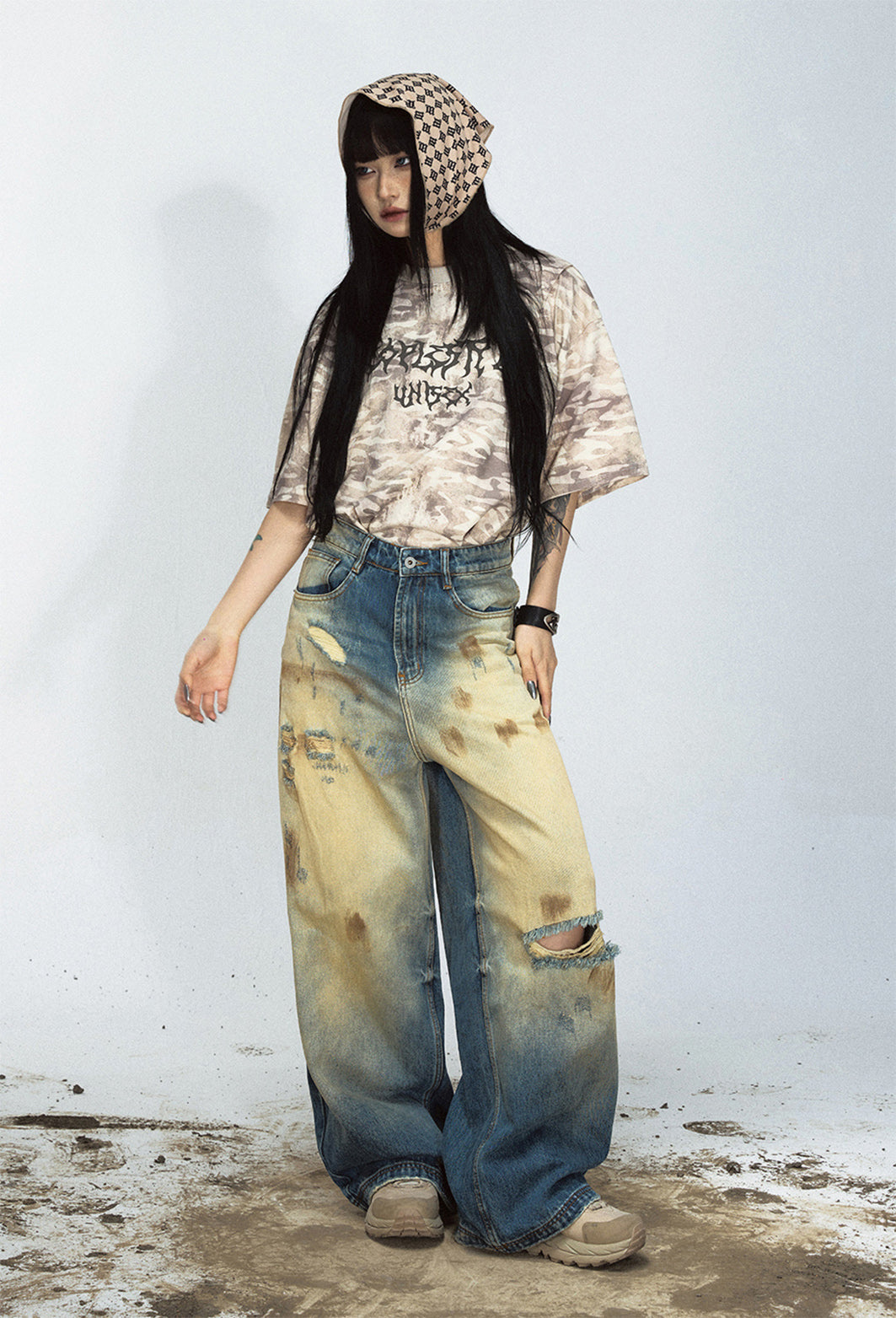 Tie-Dye Faded Ripped Wide Leg Jeans