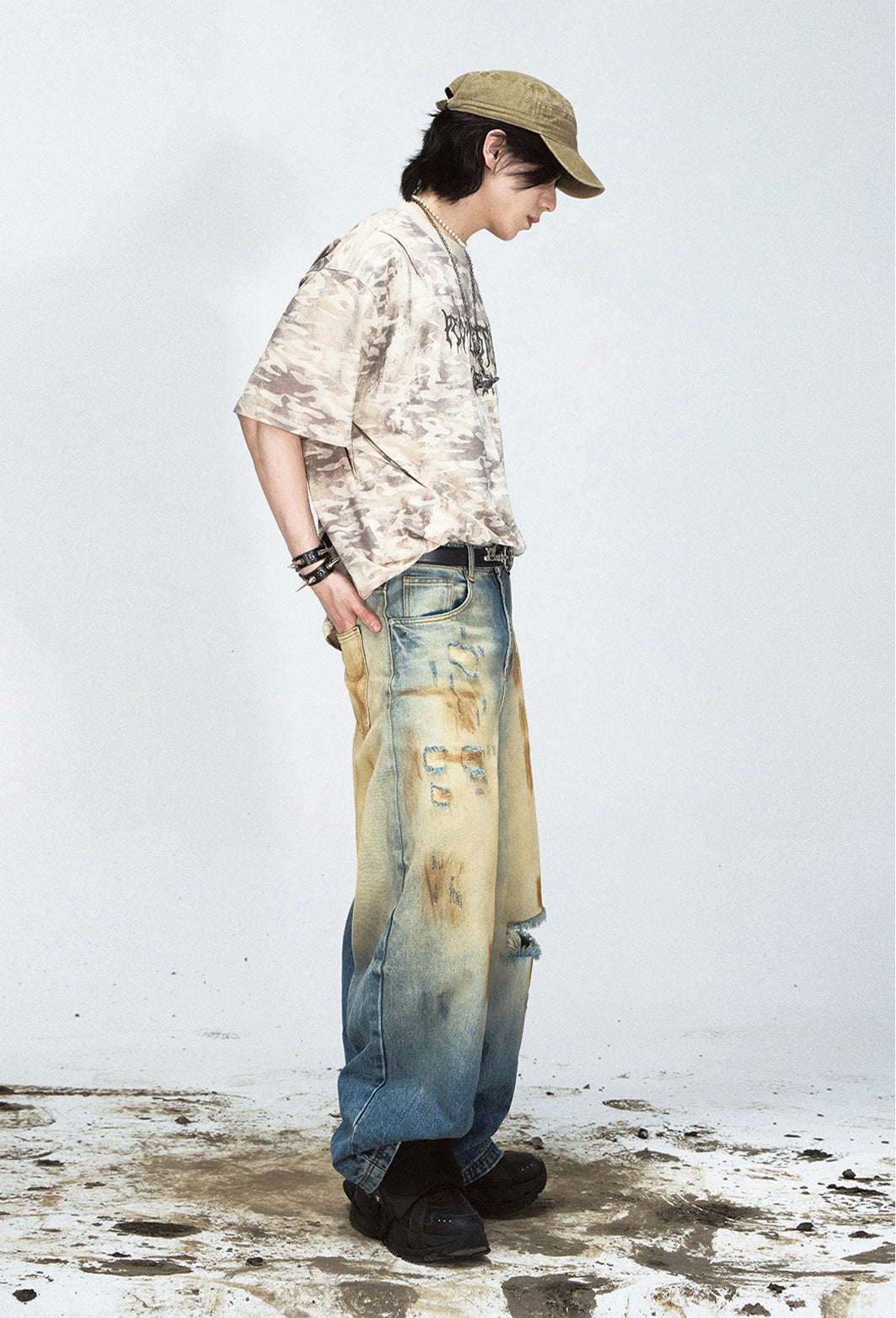 Tie-Dye Faded Ripped Wide Leg Jeans