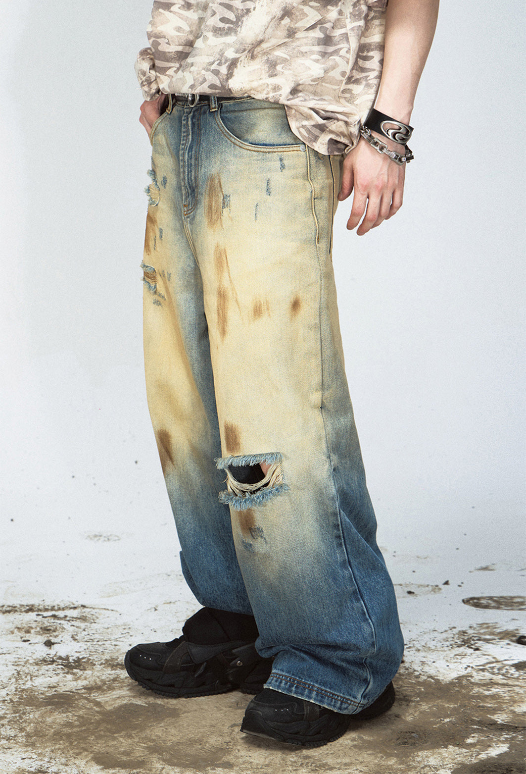 Tie-Dye Faded Ripped Wide Leg Jeans