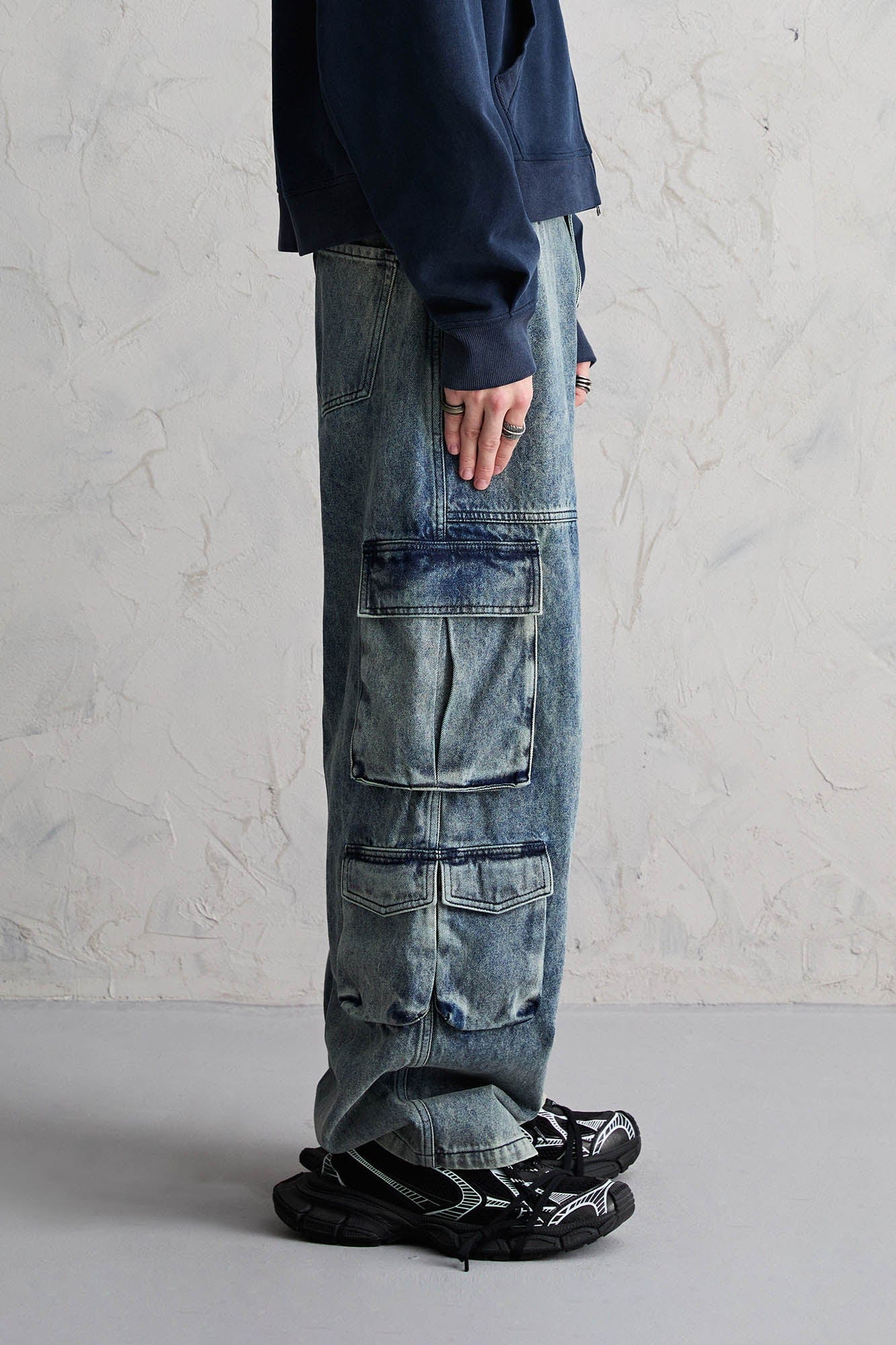 Washed Gradient Denim Cargo Jeans