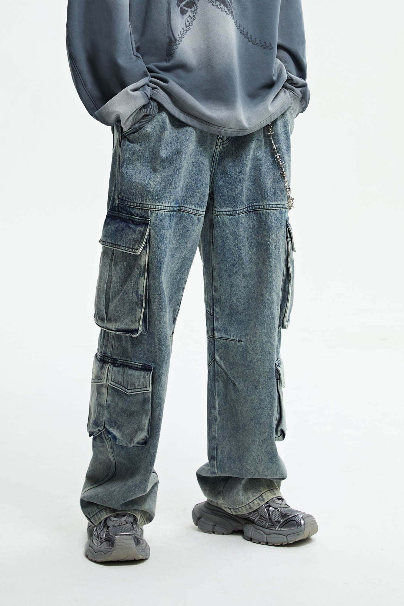 Washed Gradient Denim Cargo Jeans