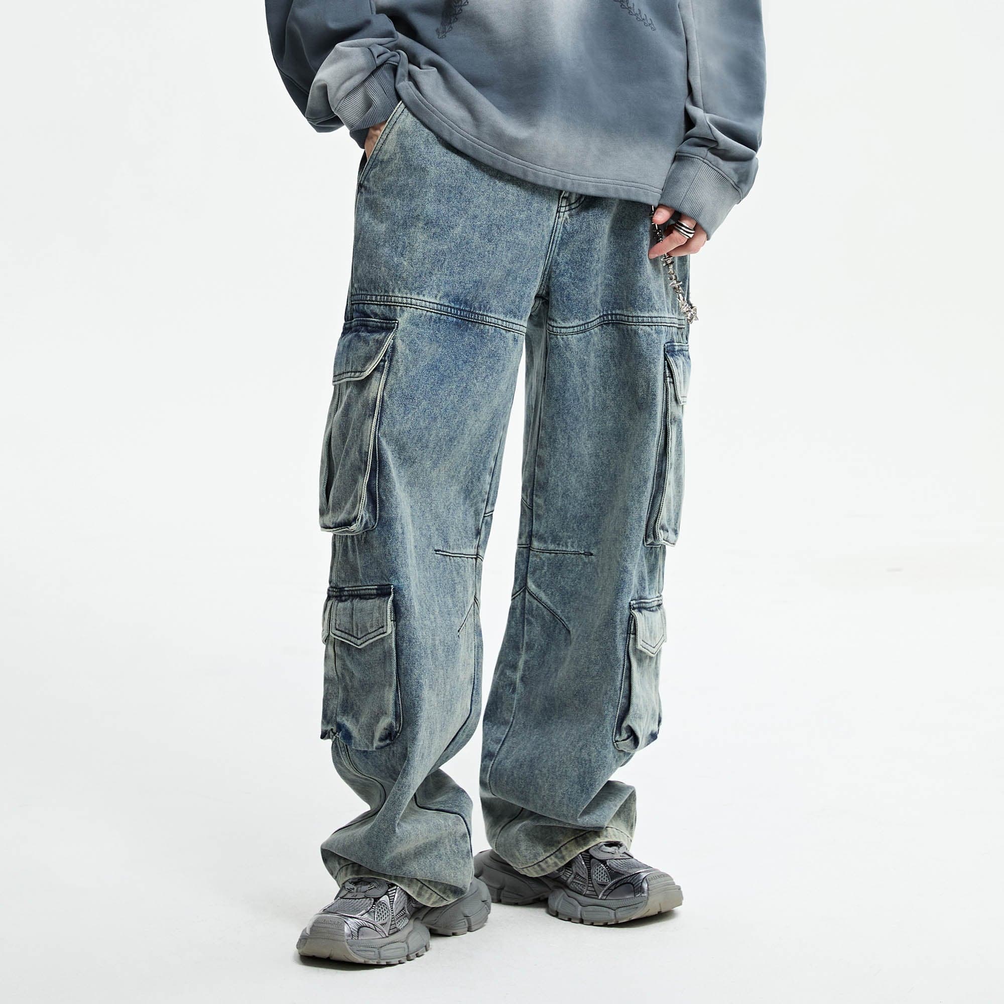 Washed Gradient Denim Cargo Jeans