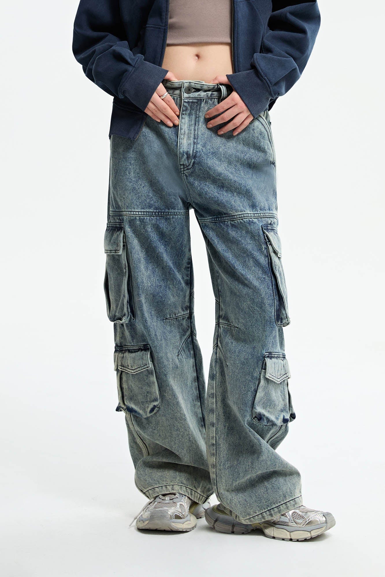 Washed Gradient Denim Cargo Jeans