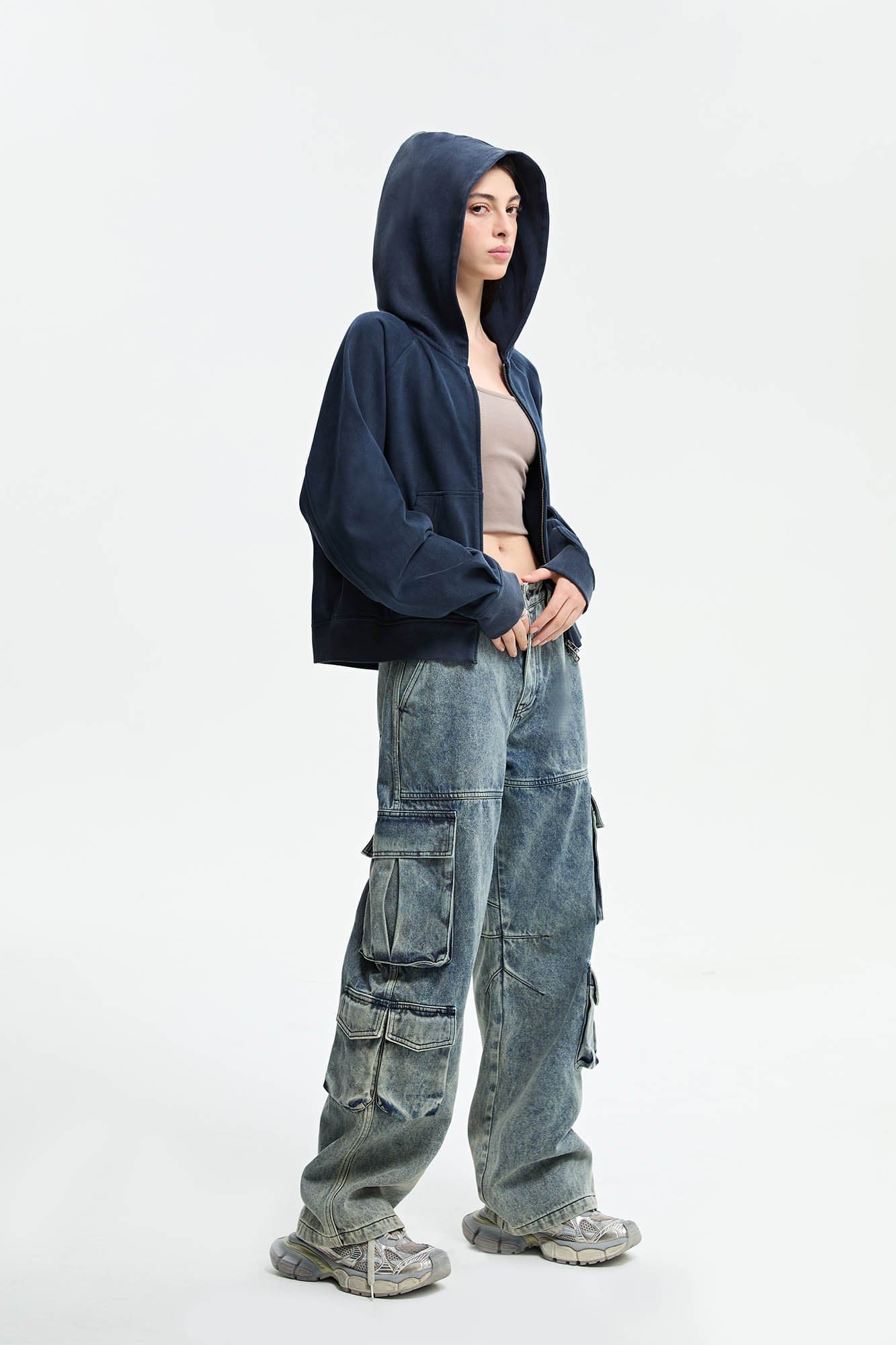 Washed Gradient Denim Cargo Jeans