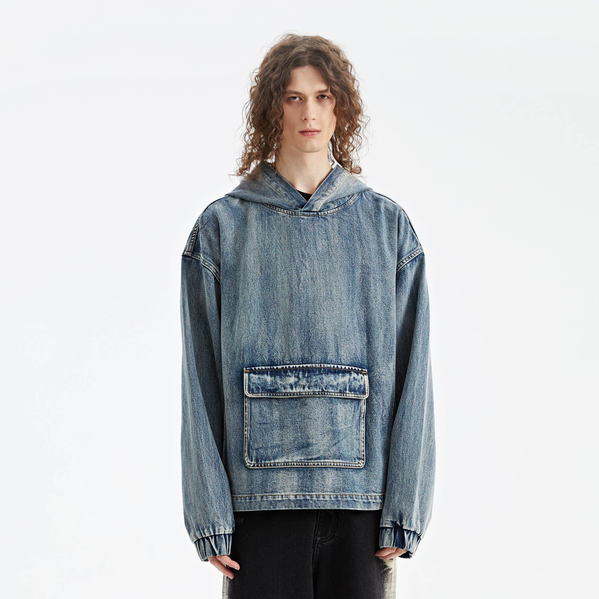 Oversized Denim Hoodie with Front Pocket