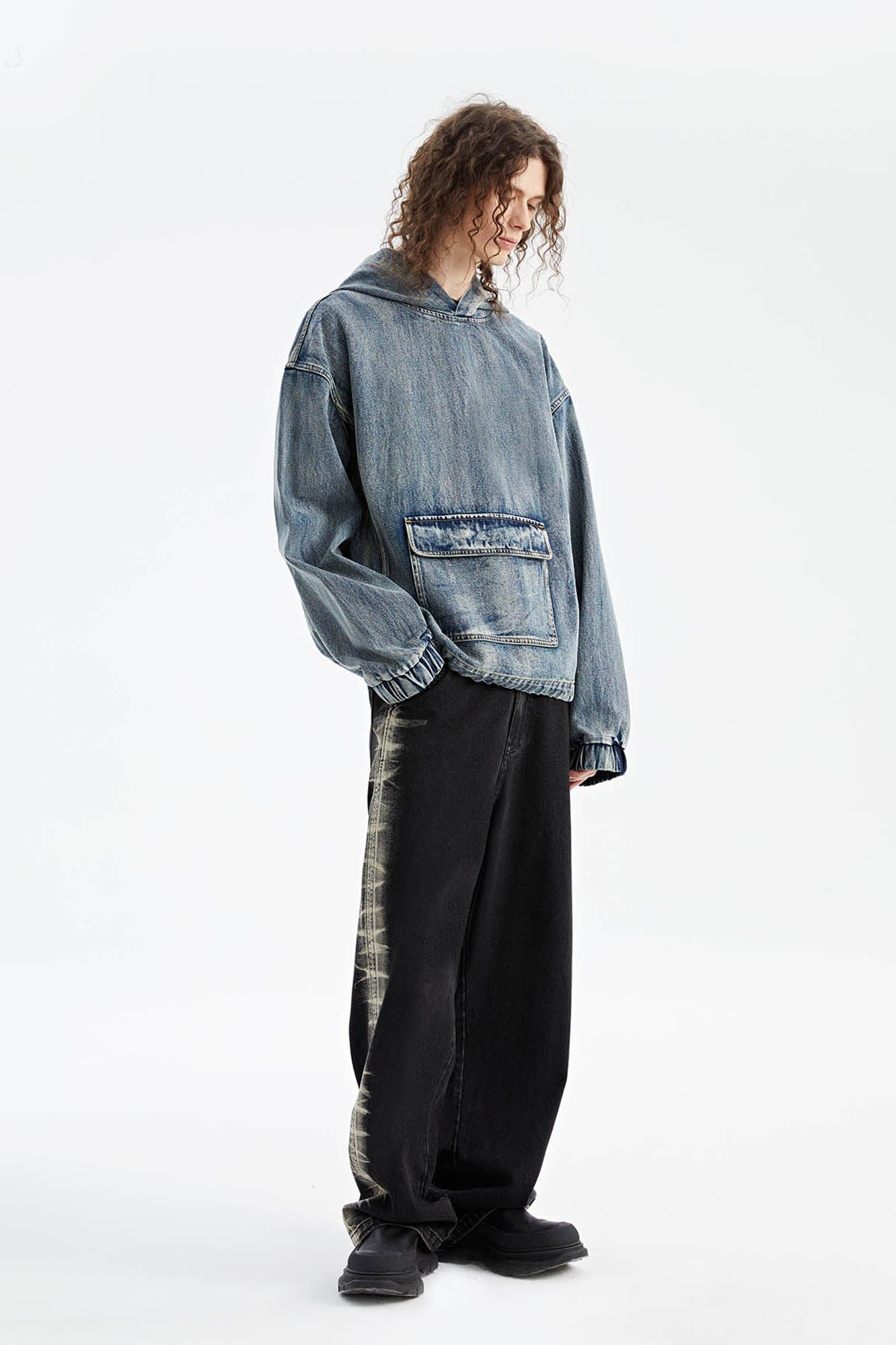 Oversized Denim Hoodie with Front Pocket