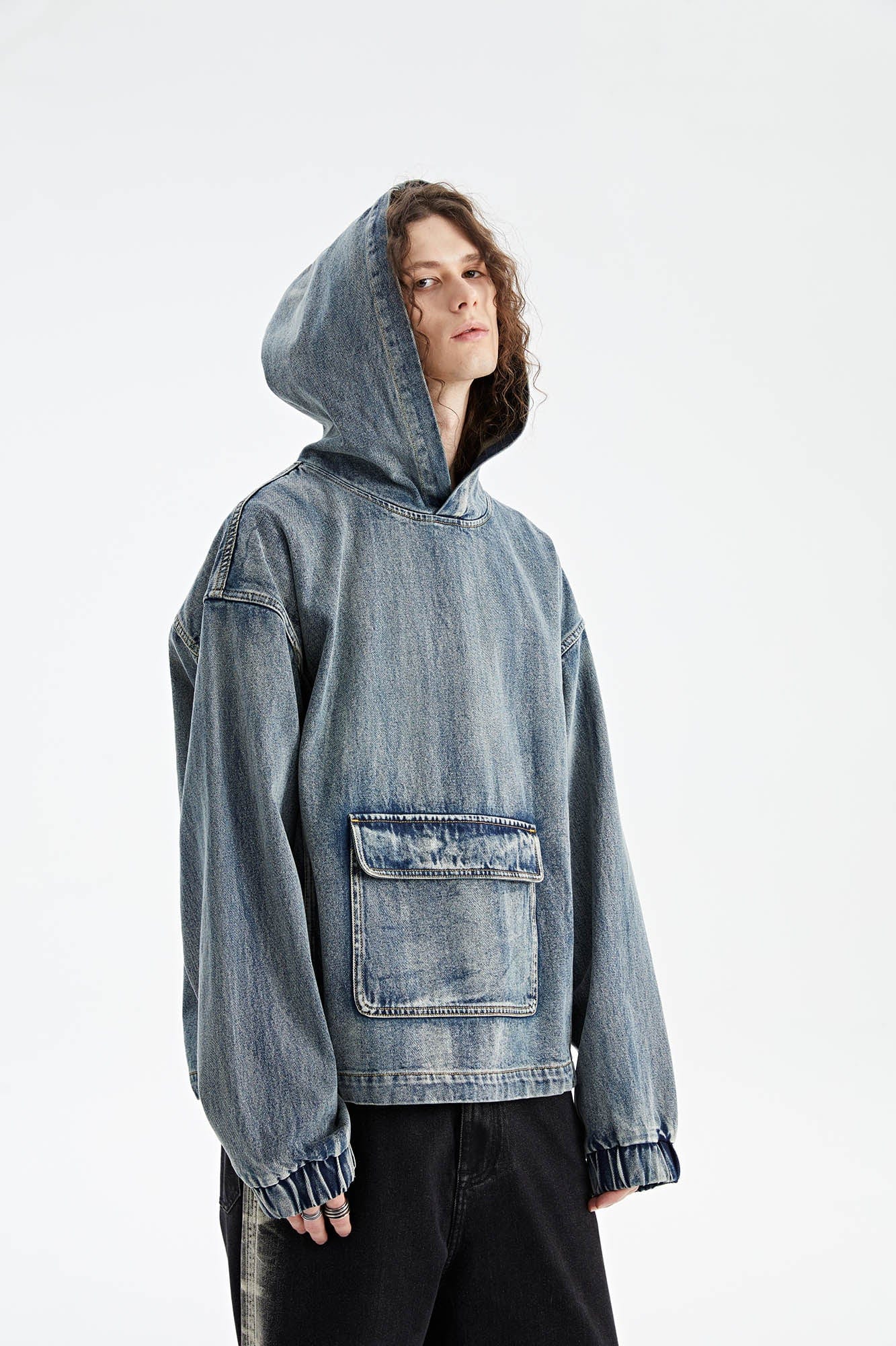 Oversized Denim Hoodie with Front Pocket