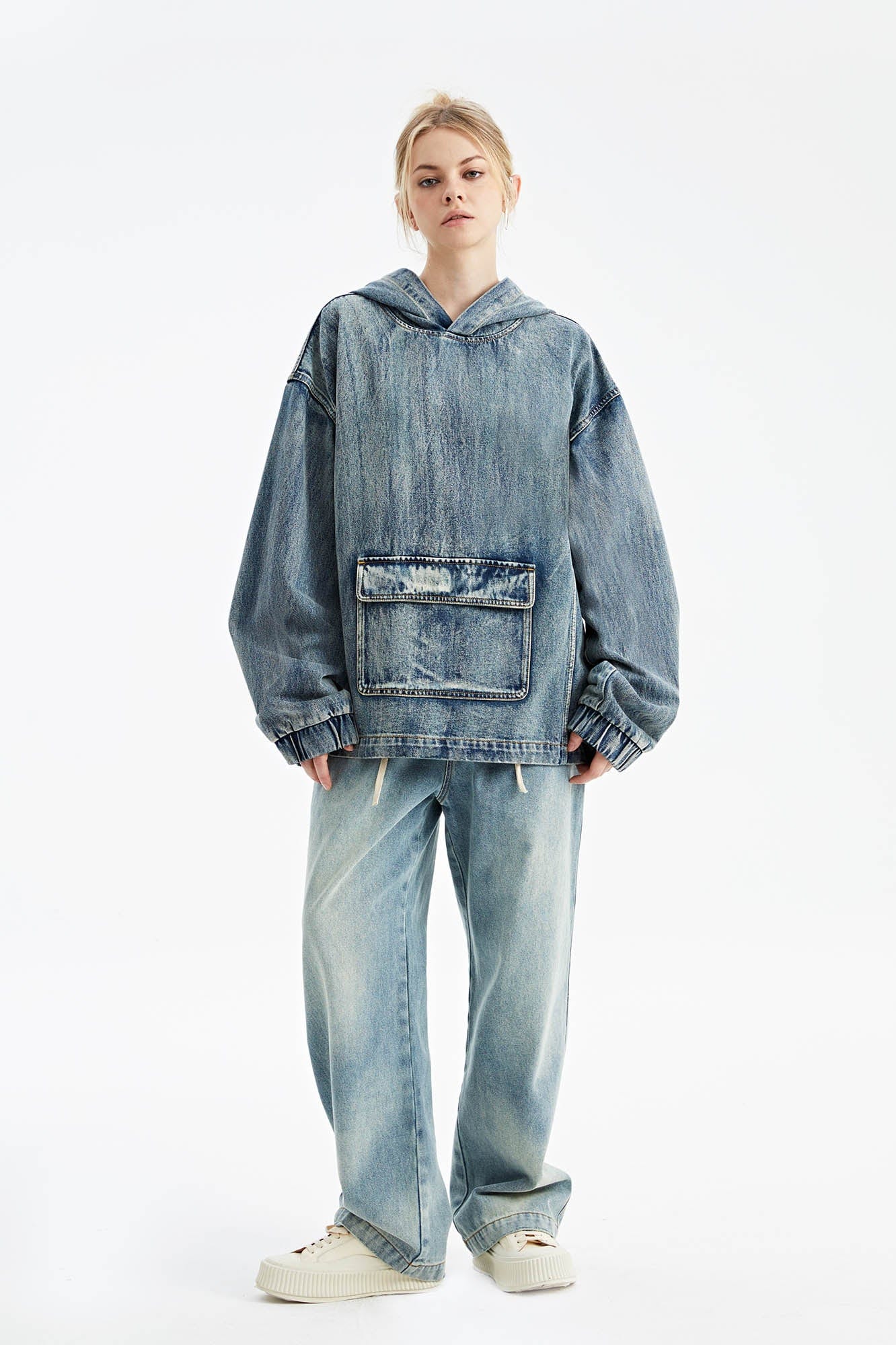 Oversized Denim Hoodie with Front Pocket