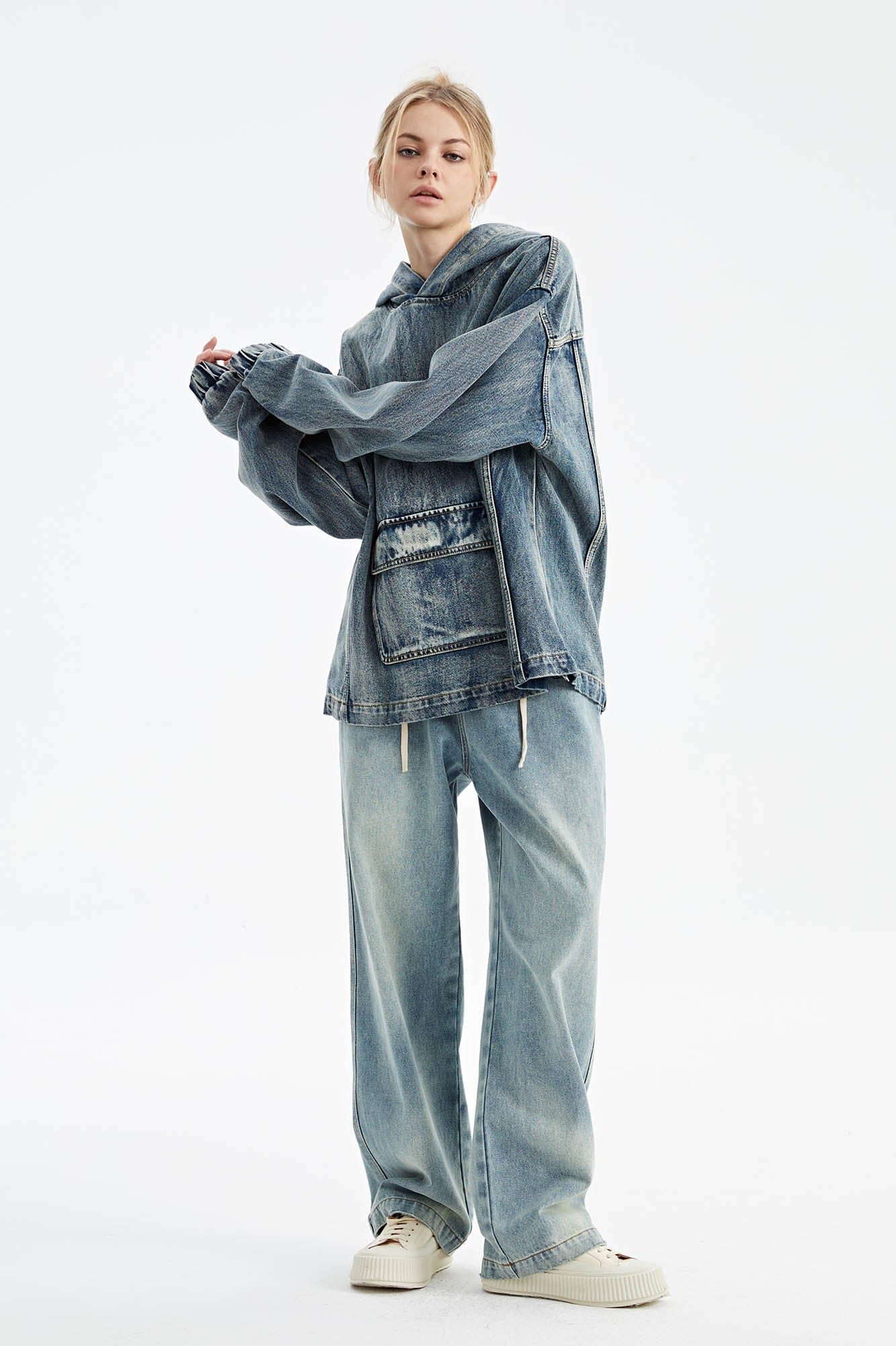 Oversized Denim Hoodie with Front Pocket