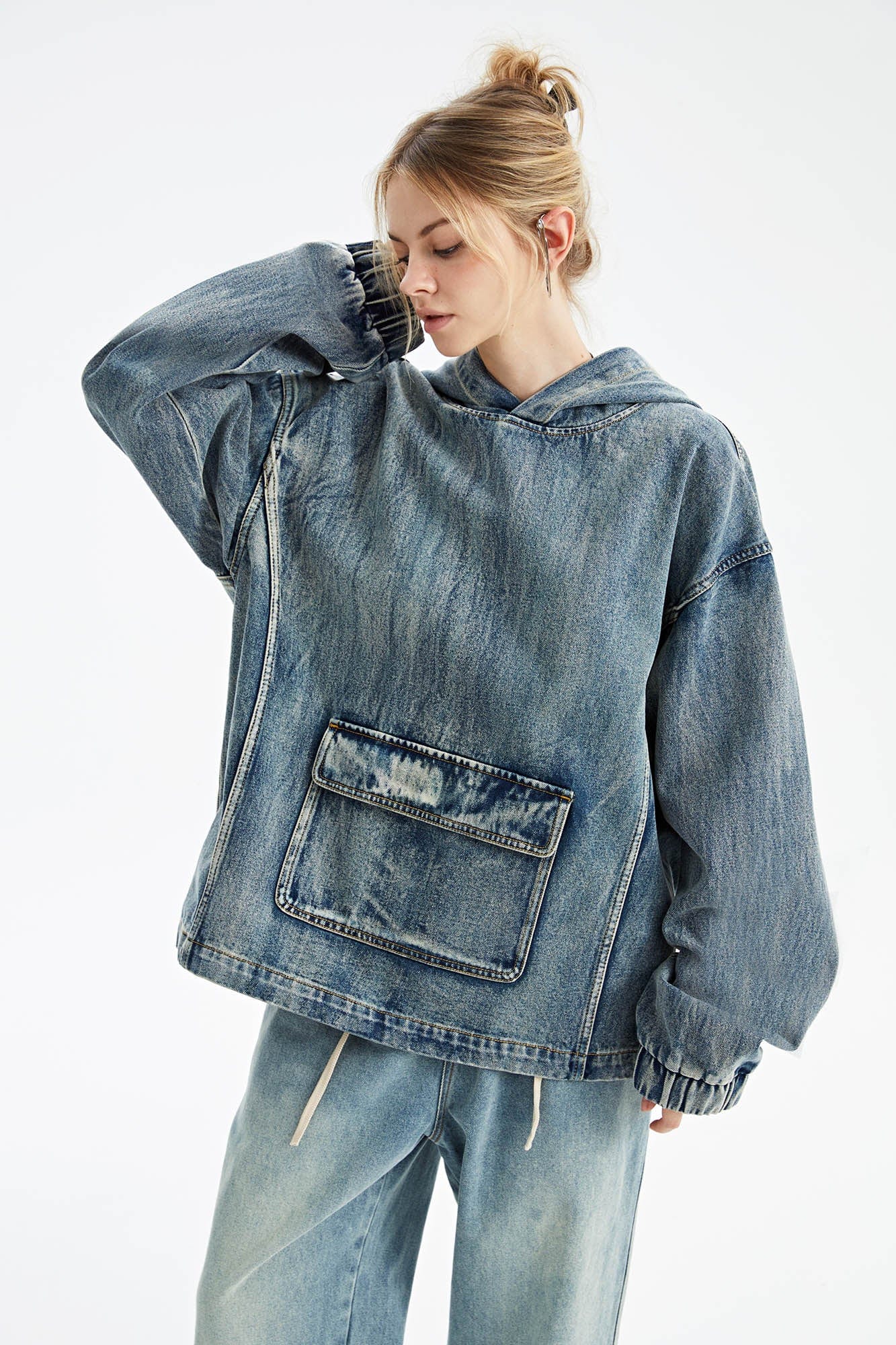 Oversized Denim Hoodie with Front Pocket